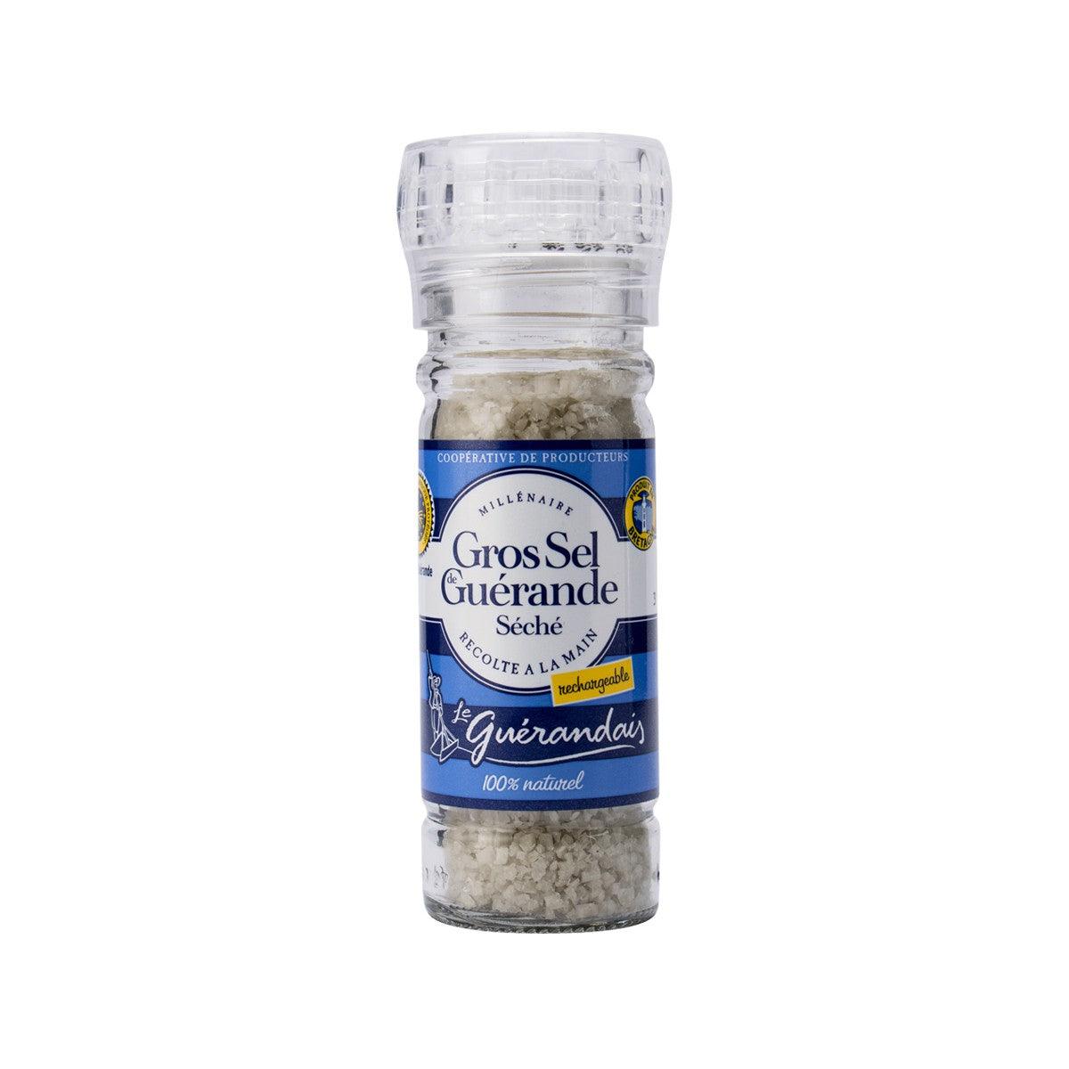 Coarse sea salt grinder bottle with clear cap, front label, LE GUERANDAIS
