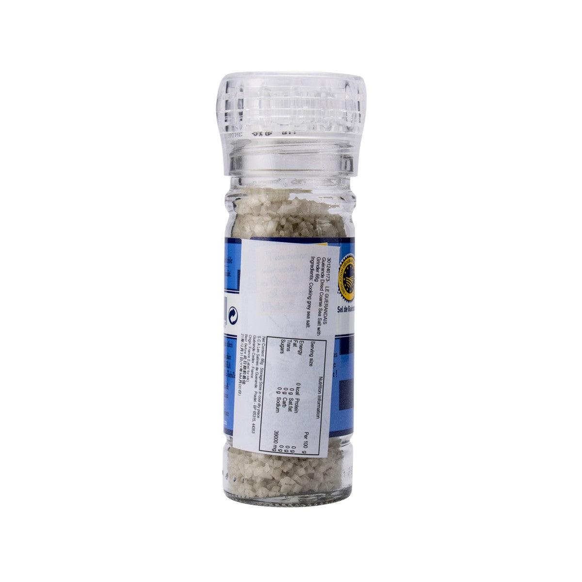 Coarse sea salt grinder bottle, back label with ingredients and nutrition panel