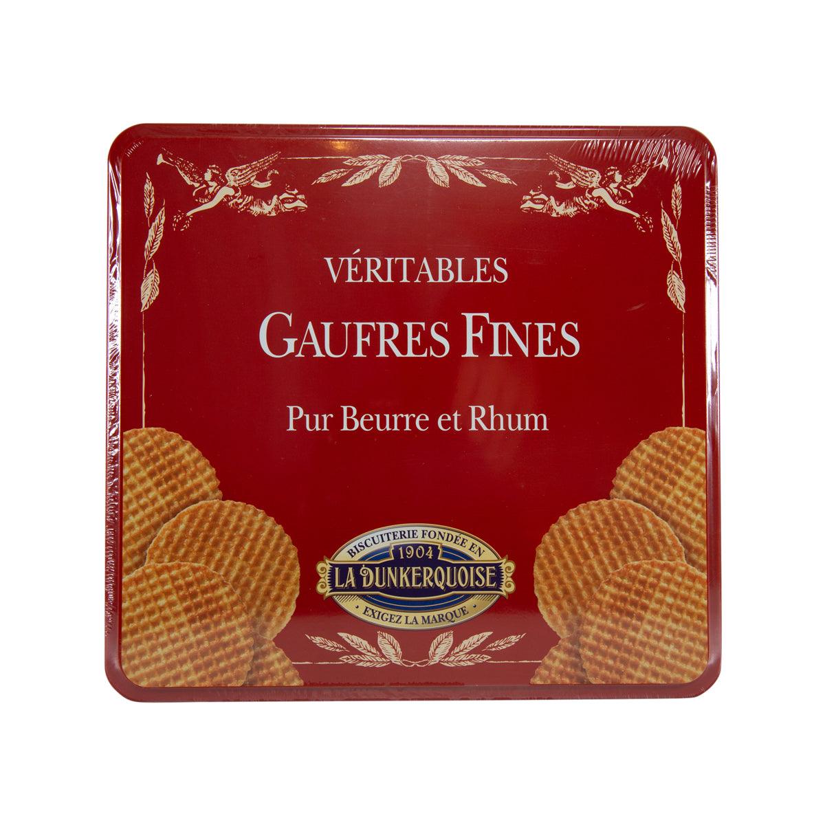 Butter and rum waffles tin with gold waffle wafer graphics and red label