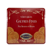 Butter and rum waffles tin with gold waffle wafer graphics and red label