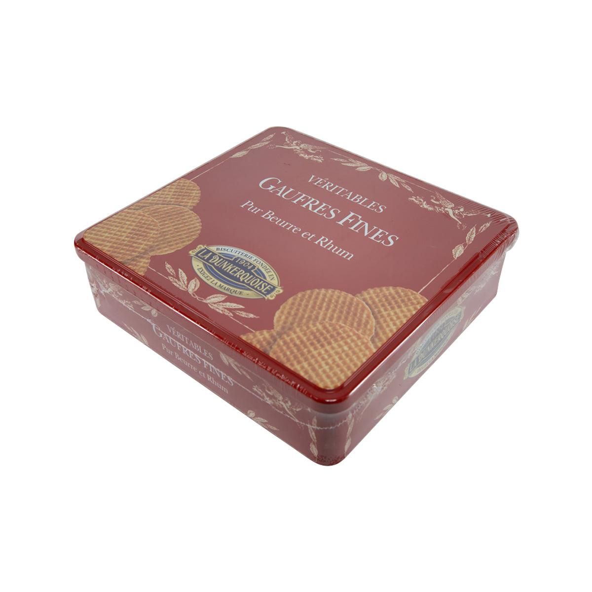 Red butter and rum waffles tin with square top and waffle wafer images