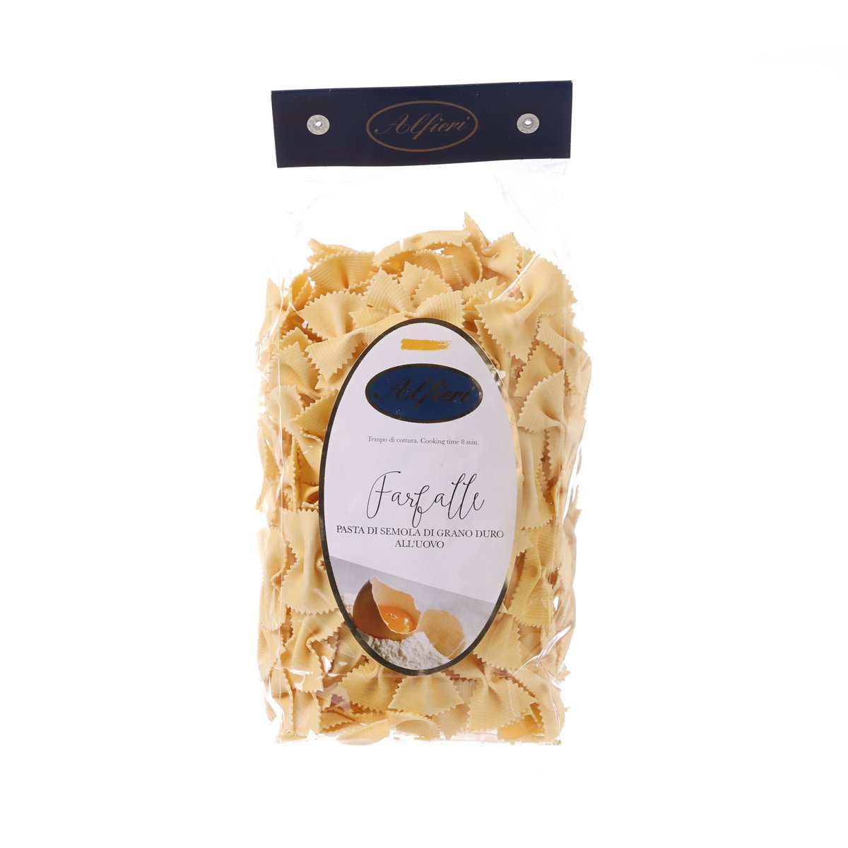 Farfalle pasta bag with beige butterfly-shaped dry pasta and front label