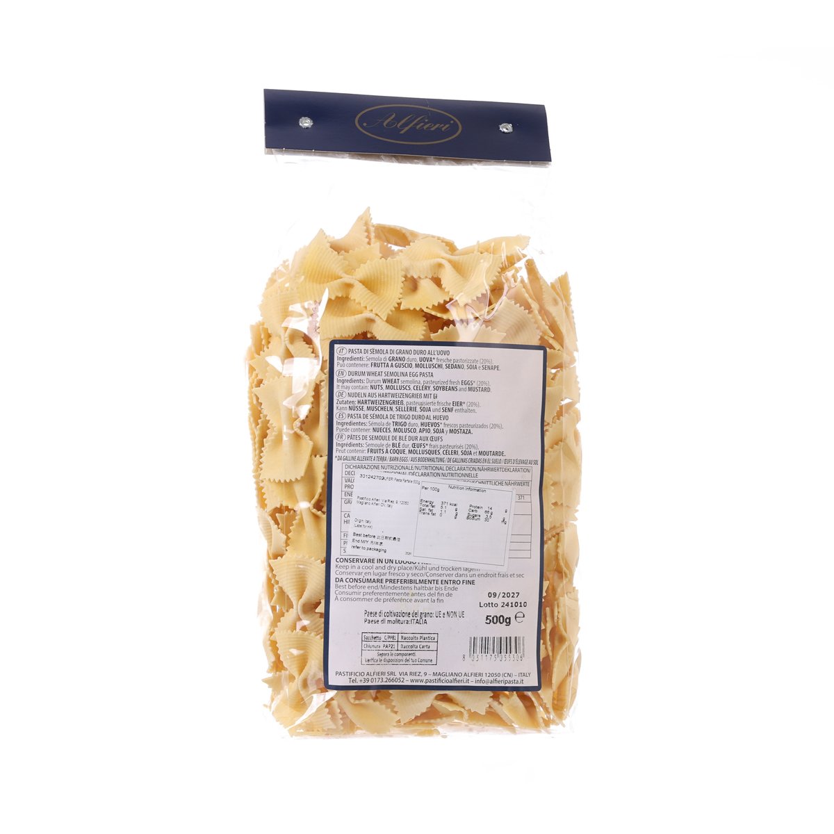 Farfalle pasta bag with beige butterfly-shaped dry pasta and nutrition label