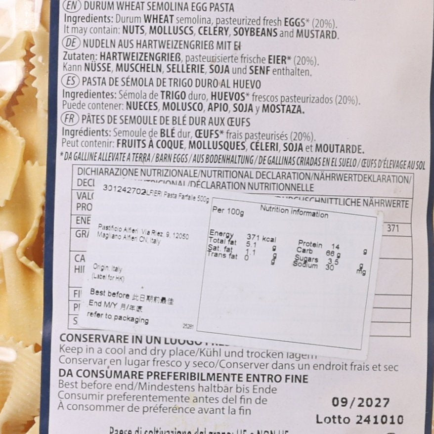 Nutrition facts and ingredients label on pasta bag