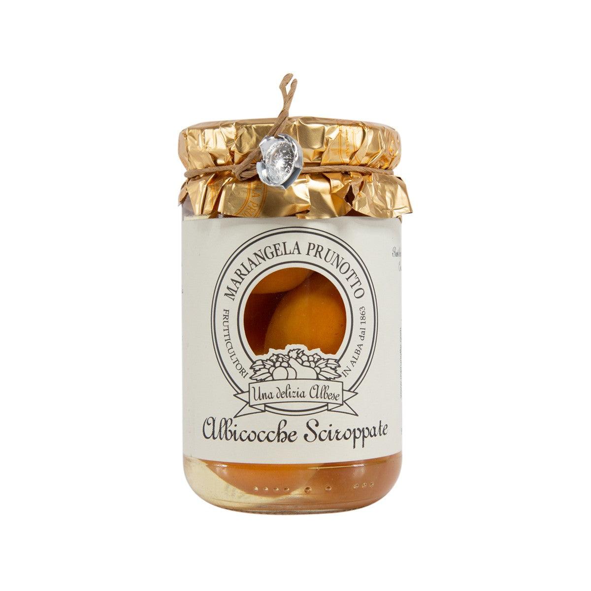 Apricots in syrup jar with gold foil lid and brand label, 300g