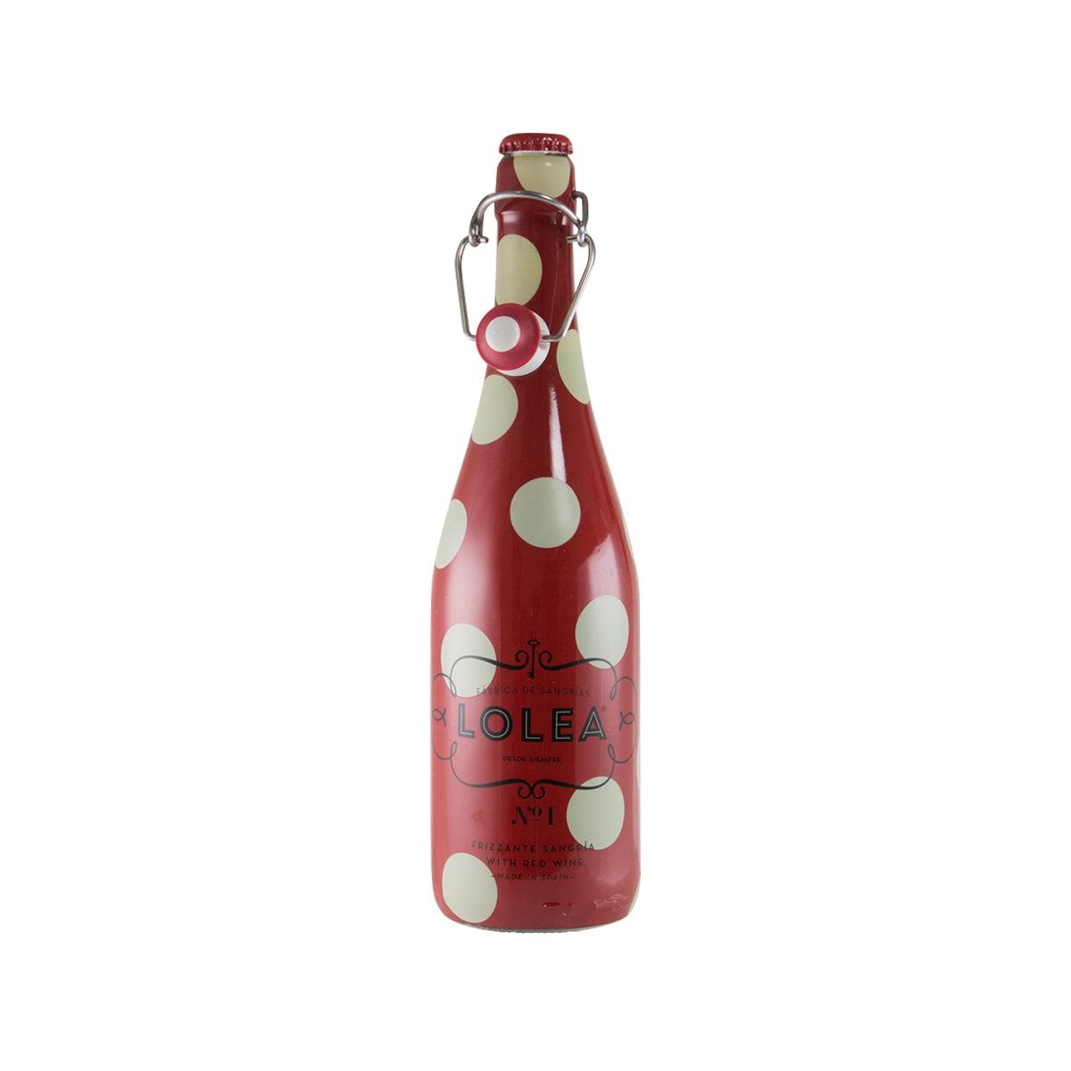 LOLEA sangria bottle with red liquid, white polka dots, and swing-top closure