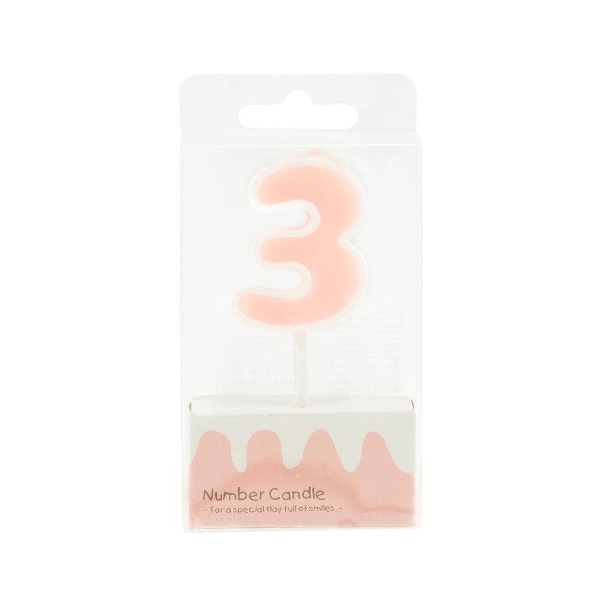 Number 3 candle, pink-and-white, in clear retail blister pack