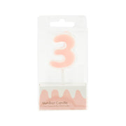 Number 3 candle, pink-and-white, in clear retail blister pack