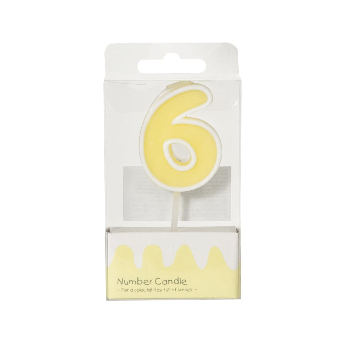 Number 6 candle on stand, yellow wax with white holder