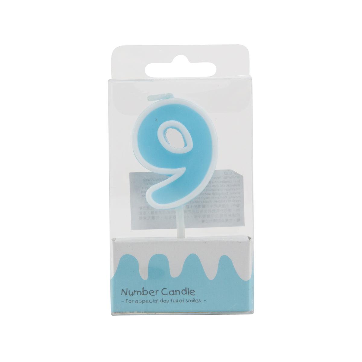 Blue number 9 candle with white wick, in retail blister pack
