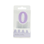 Number candle 0 in purple circle on retail blister pack