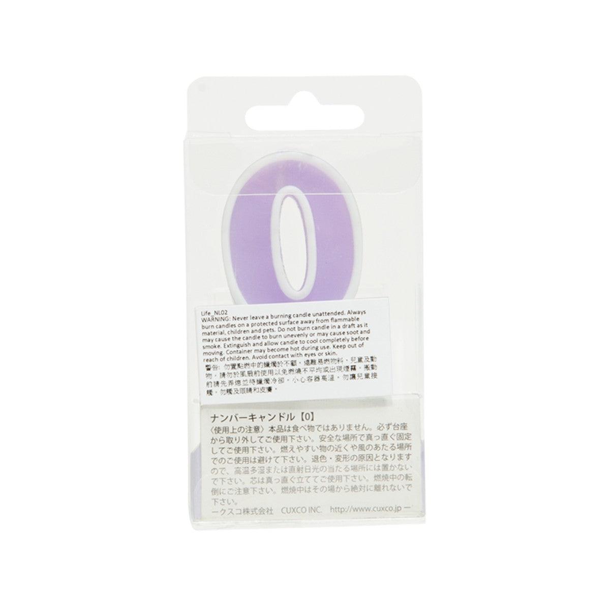 Number candle 0 in purple circle on back of blister pack with text