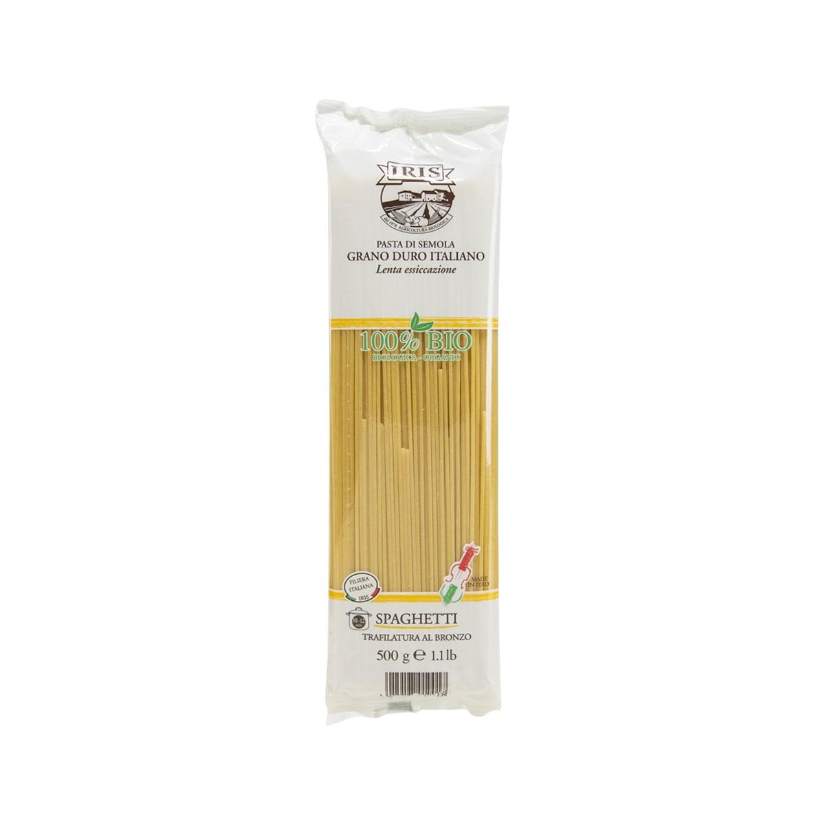 IRIS BIO organic durum wheat spaghetti, 500g dried pasta in front package