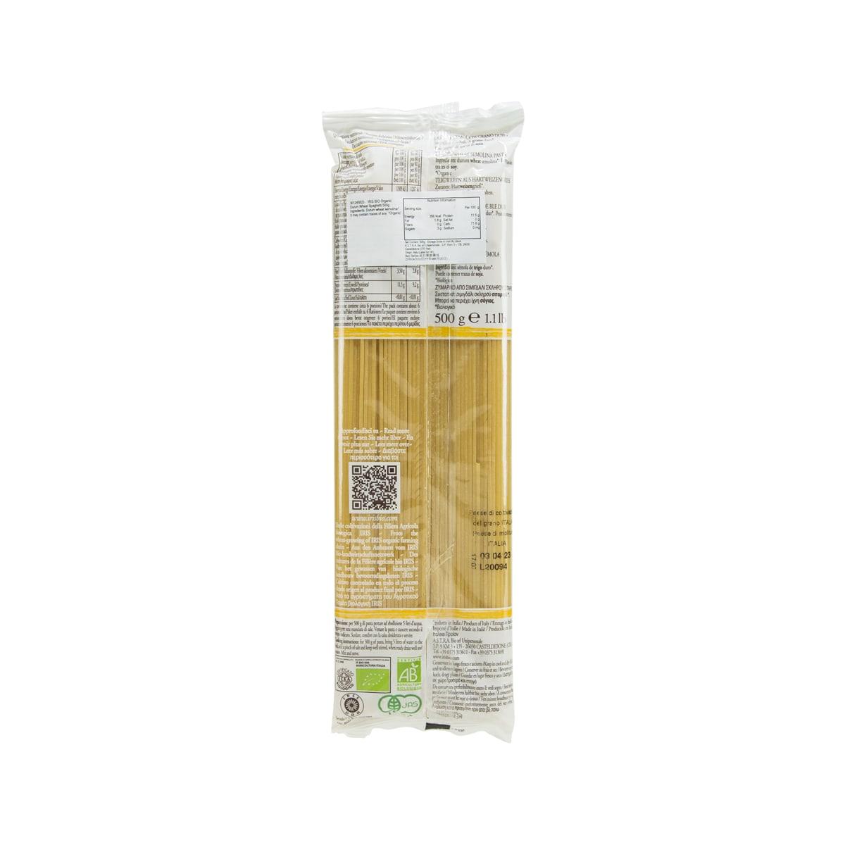 IRIS BIO organic durum wheat spaghetti, 500g back package with ingredients and nutrition info