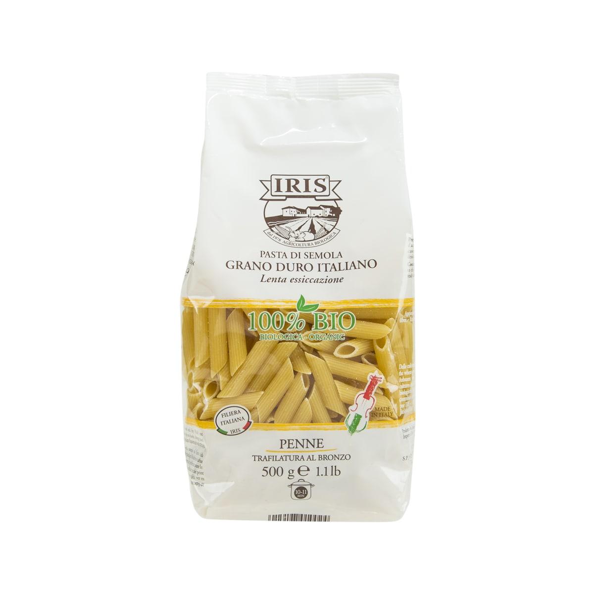IRIS organic penne pasta 500 g bag, front label 100% BIO