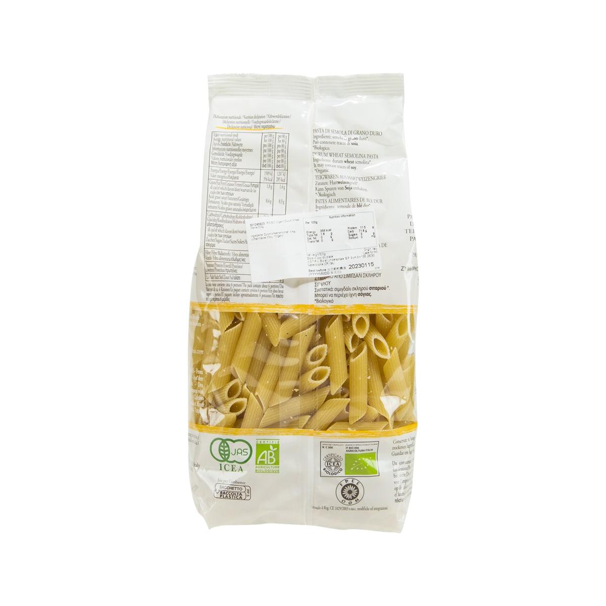 IRIS organic penne 500 g pasta bag, back panel with nutrition and ingredient info