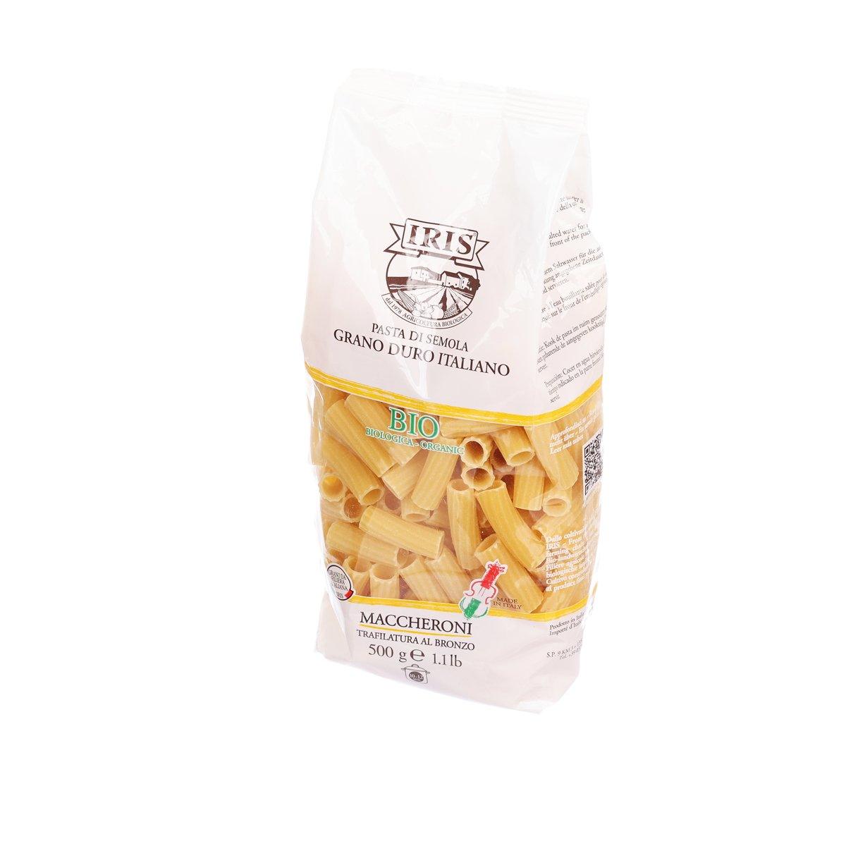 IRIS BIO macaroni pasta 500g bag, short yellow tubes visible through front