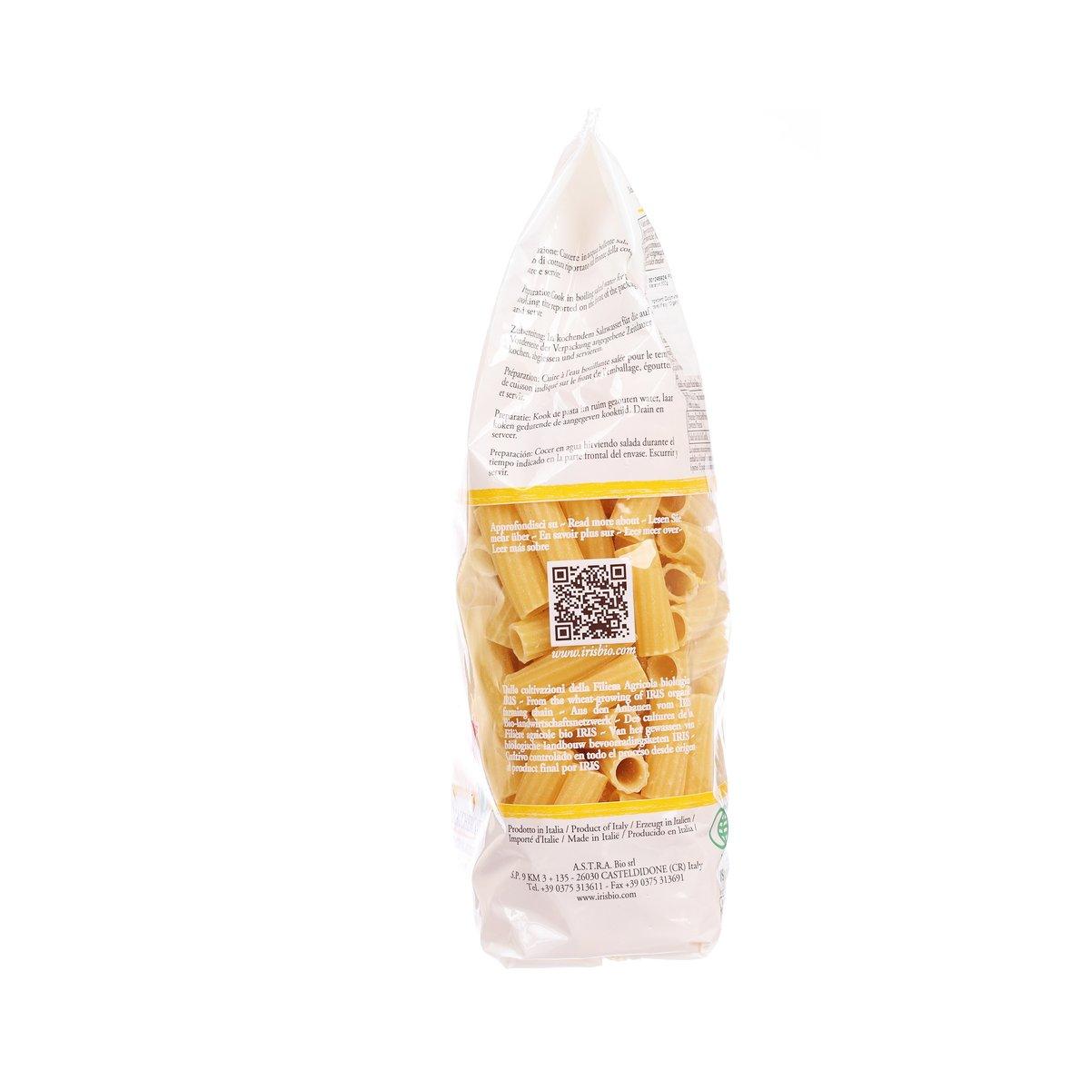 IRIS BIO durum wheat macaroni pasta, 500g bag, ingredient panel on reverse