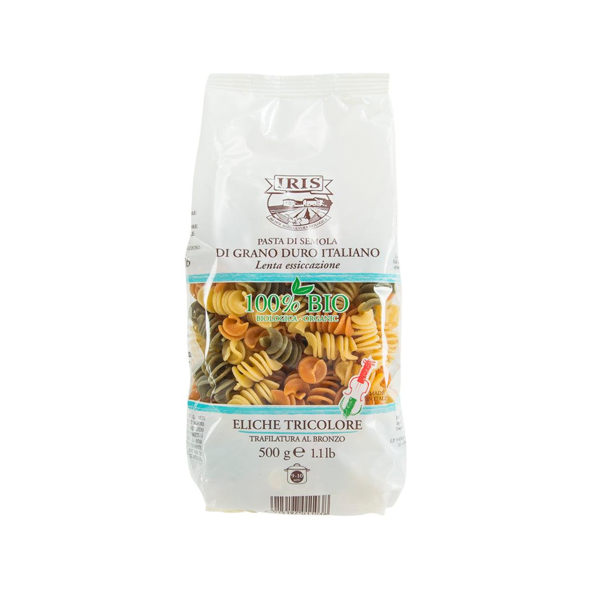 Organic fusilli pasta bag, tri-color spirals (yellow, green, brown), 500g