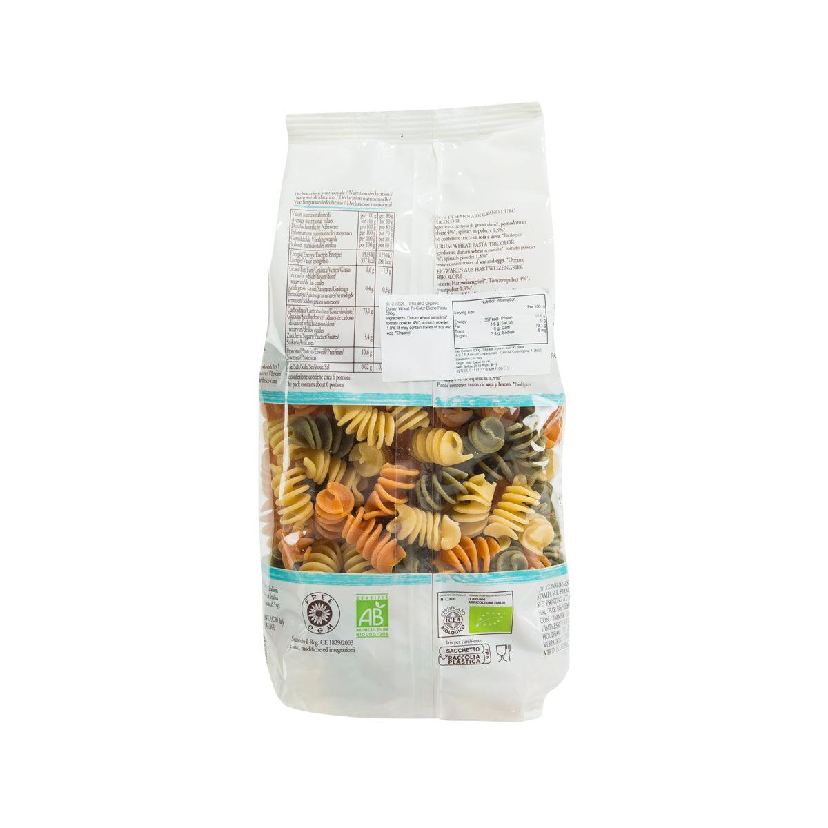 Organic fusilli pasta bag back with nutrition and ingredient panel, tri-color, 500g