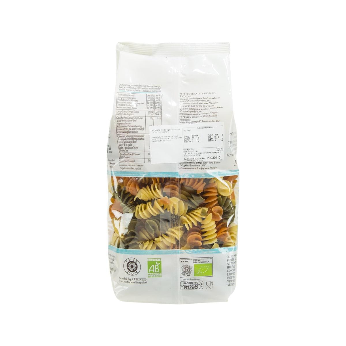 Tri-color durum wheat eliche pasta bag with nutrition and ingredient label, IRIS BIO