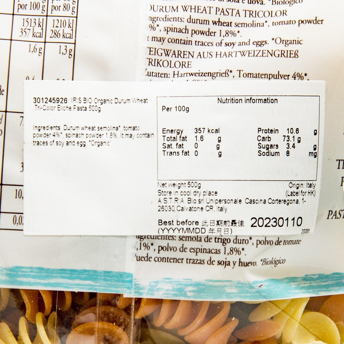 Tri-color eliche pasta label close-up showing ingredients and nutrition facts, IRIS BIO