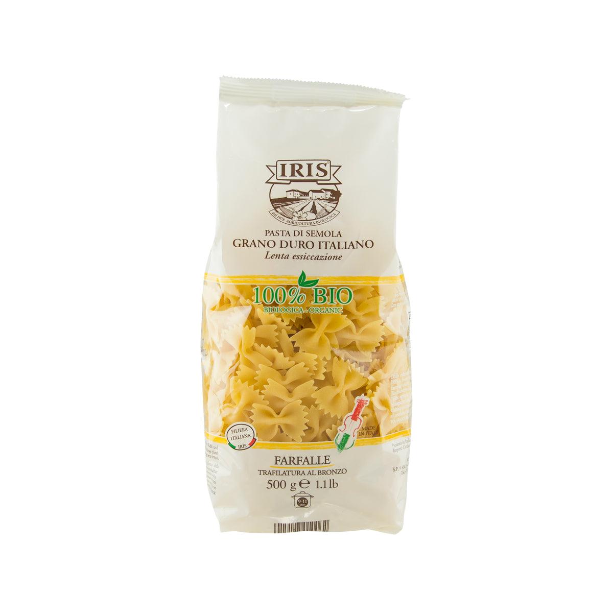 IRIS organic durum wheat farfalle pasta in 500g bag, front view