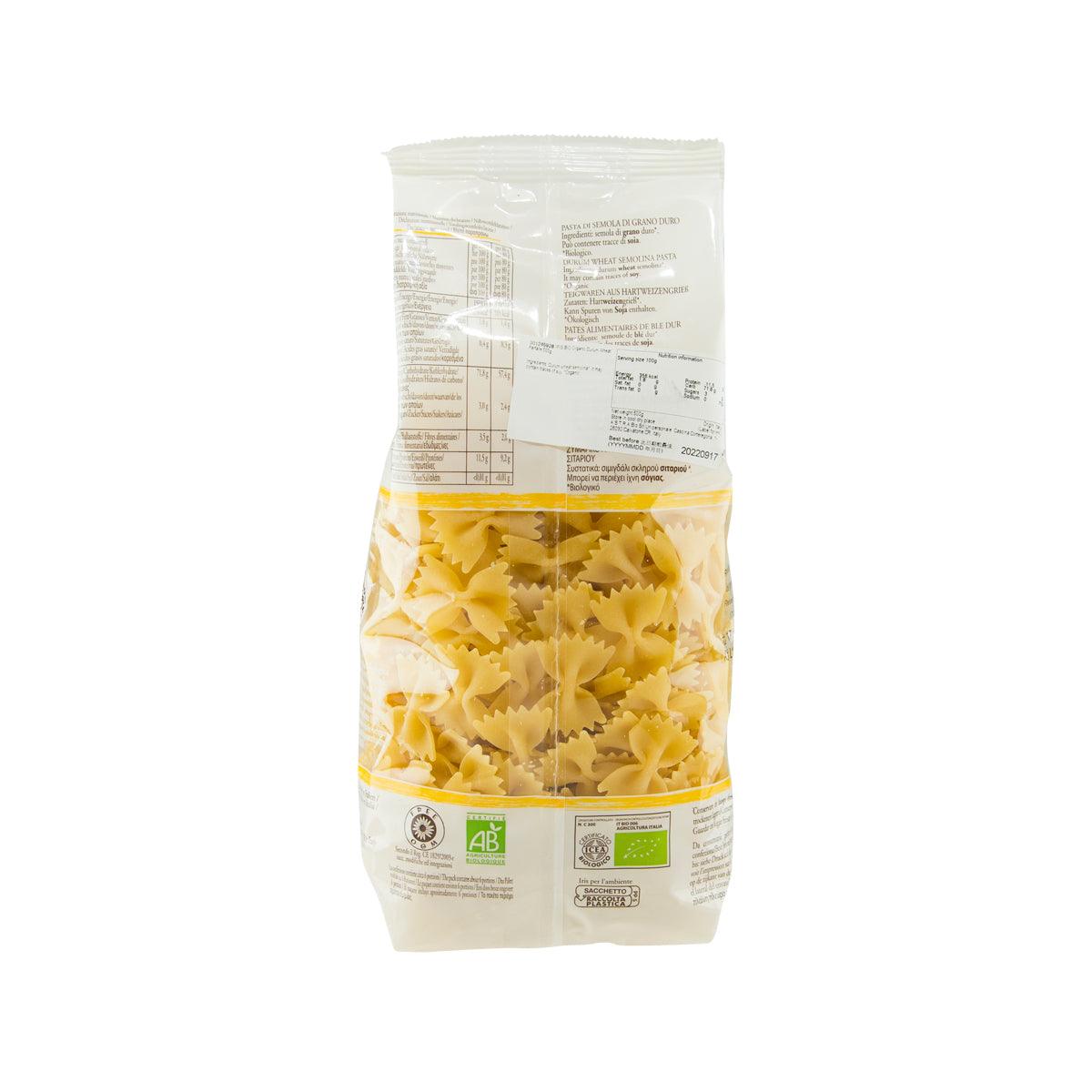 IRIS organic durum wheat farfalle pasta 500g bag, back label and nutrition