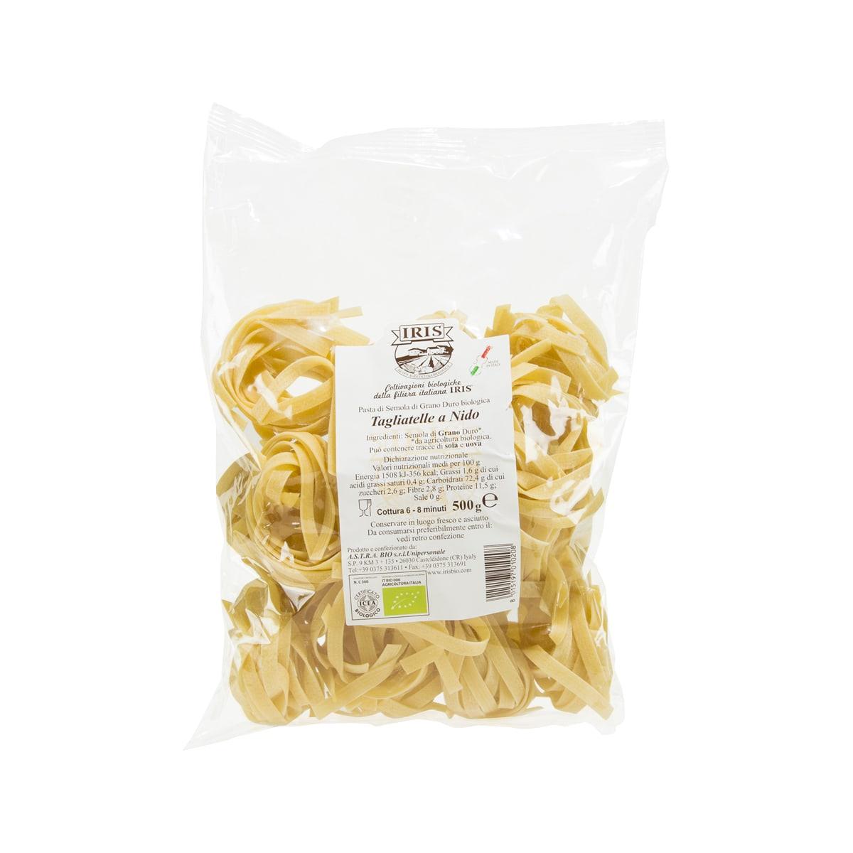 Organic durum wheat tagliatelle nido pasta in sealed bag, nest-shaped yellow ribbons