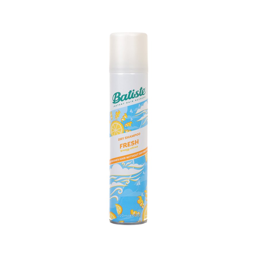 BATISTE Fresh dry shampoo aerosol can with blue and orange beach-style label