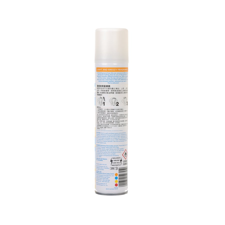 BATISTE Fresh dry shampoo aerosol can back with usage instructions and recycling info