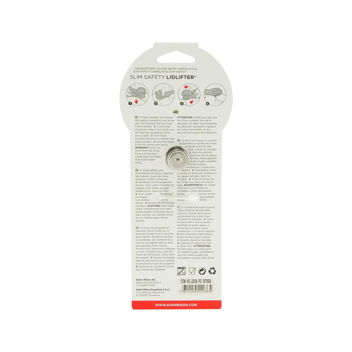 KUHN RIKON slim safety lid lifter box back with instructions and icons