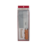 Stainless steel cleaver with orange wooden handle in retail box
