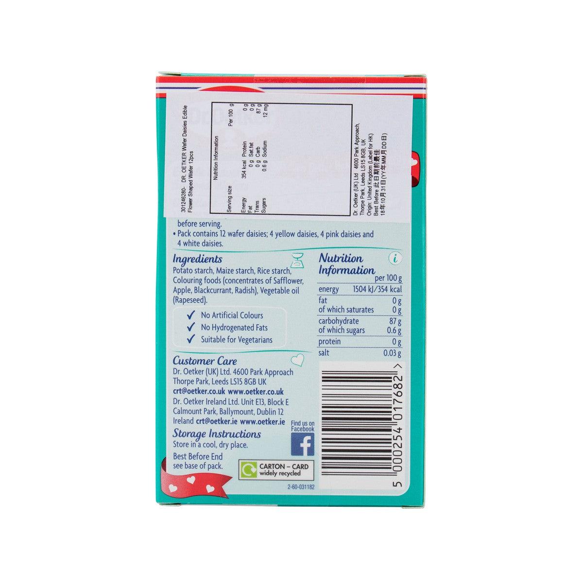 Dr. Oetker wafer daisies edible flower wafers package, nutrition facts back