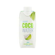 Pure coconut water pouch, 330 ml, front label with coconut slice