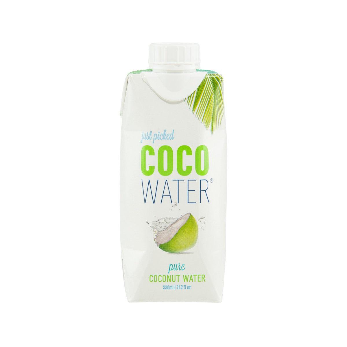 Pure coconut water pouch, 330 ml, front label with coconut slice