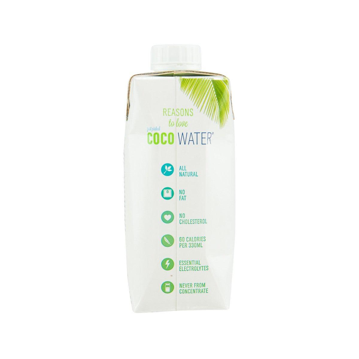 Pure coconut water pouch, back label with icons and product claims