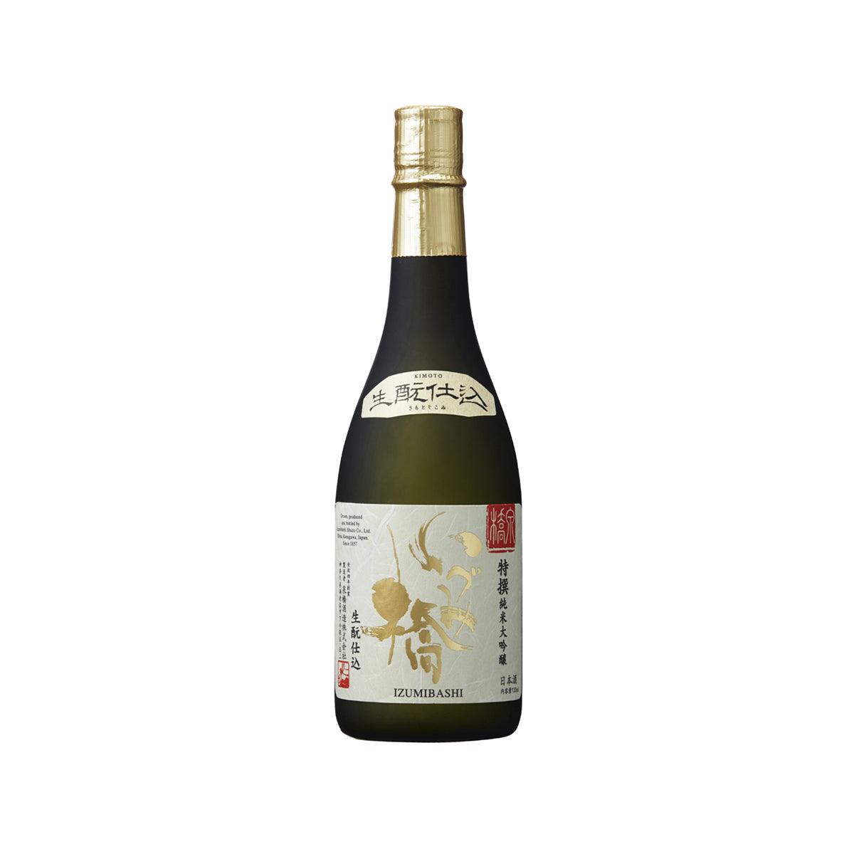 IZUMIBASHI junmai daiginjo sake bottle with gold cap and dark label