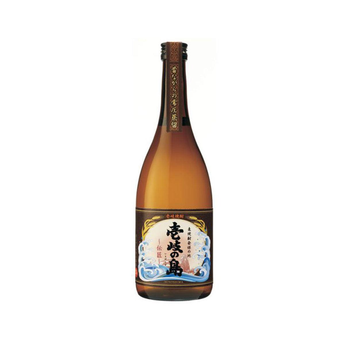 Barley shochu bottle with amber glass and blue-and-gold label
