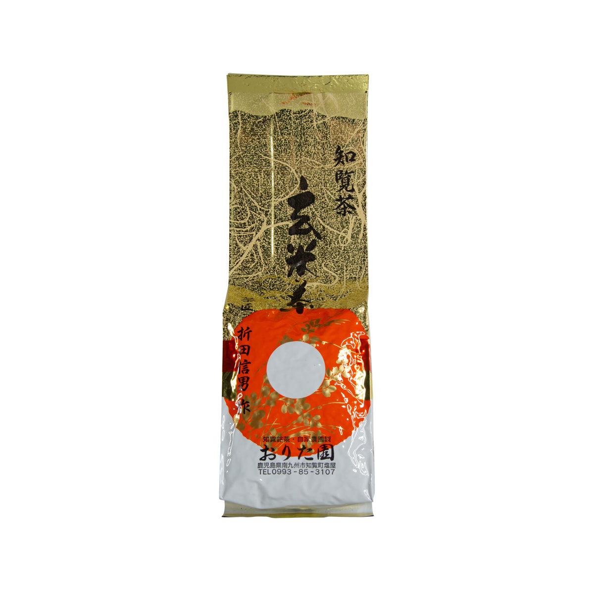 Brown rice tea pouch with green tea leaves graphic and red seal