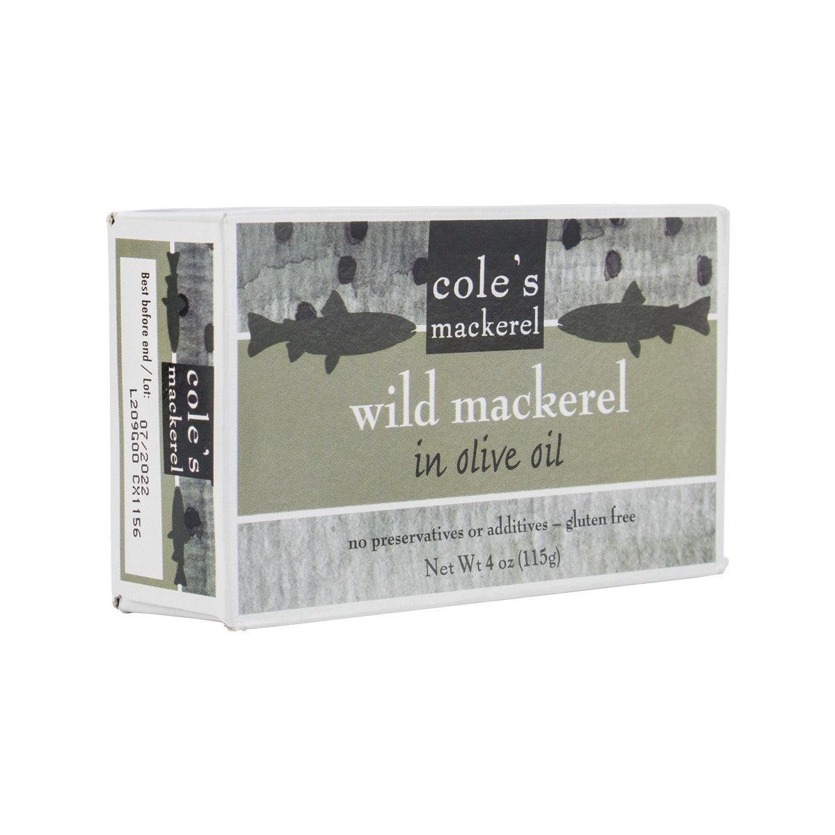 COLE'S wild mackerel in olive oil carton side panel, gluten-free