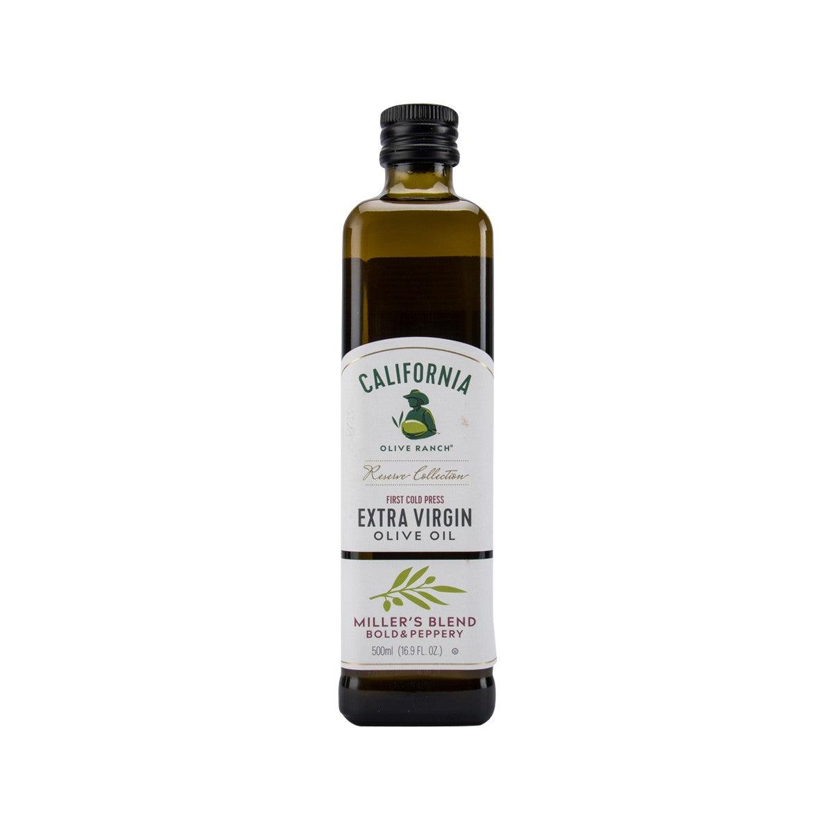 Extra virgin olive oil bottle, Miller's Blend, 500 mL glass with label