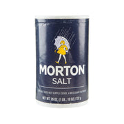 Morton Salt 737 g container with navy label and golfer logo, 'MORTON SALT' text