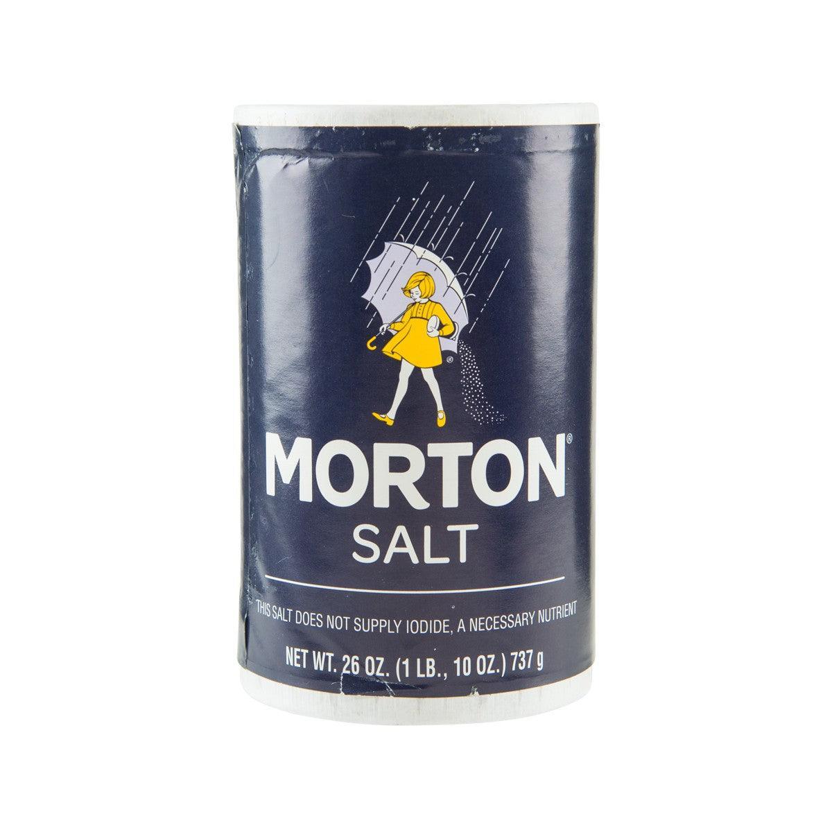 Morton Salt 737 g container with navy label and golfer logo, 'MORTON SALT' text