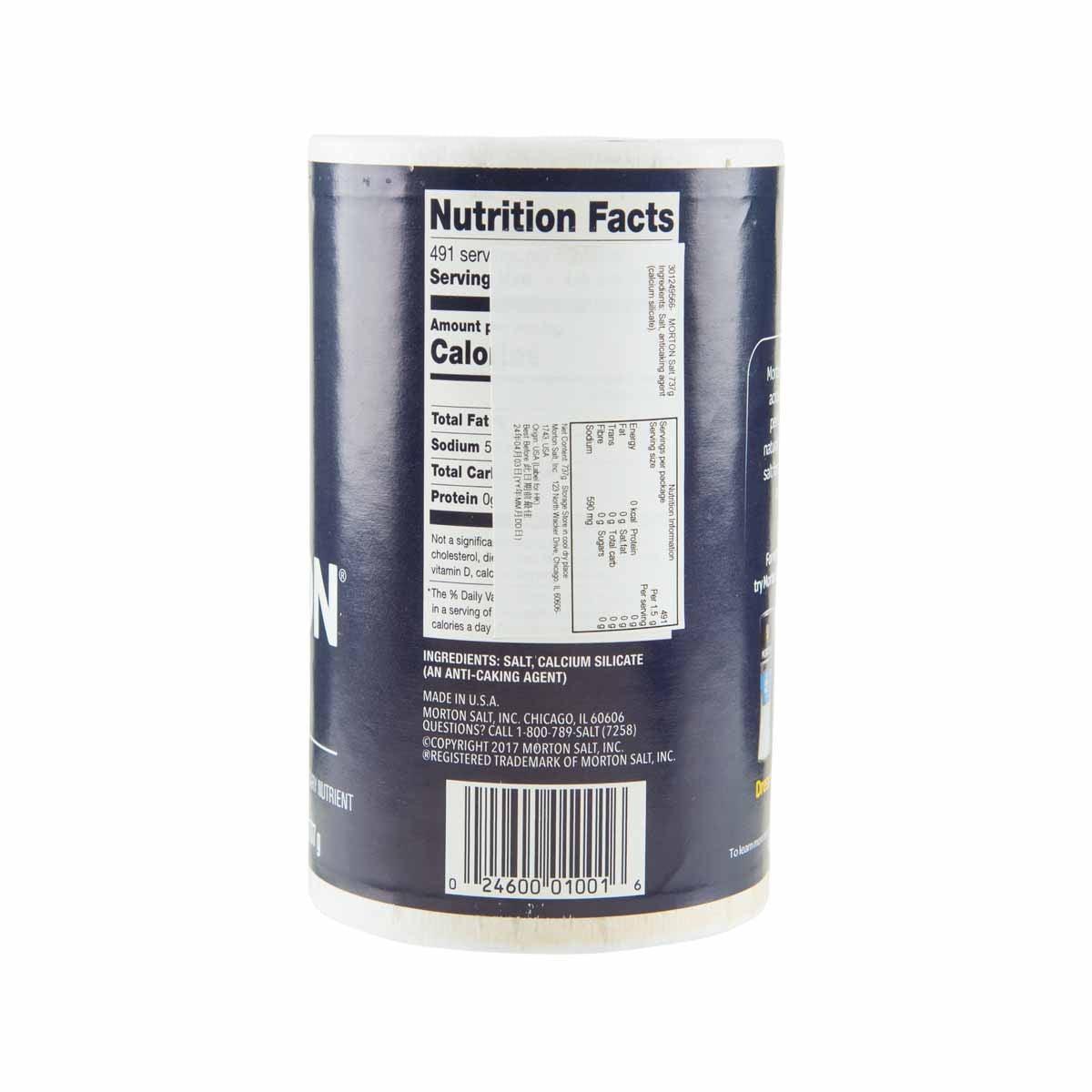 Morton Salt 737 g container, back nutrition facts label with ingredients and barcode