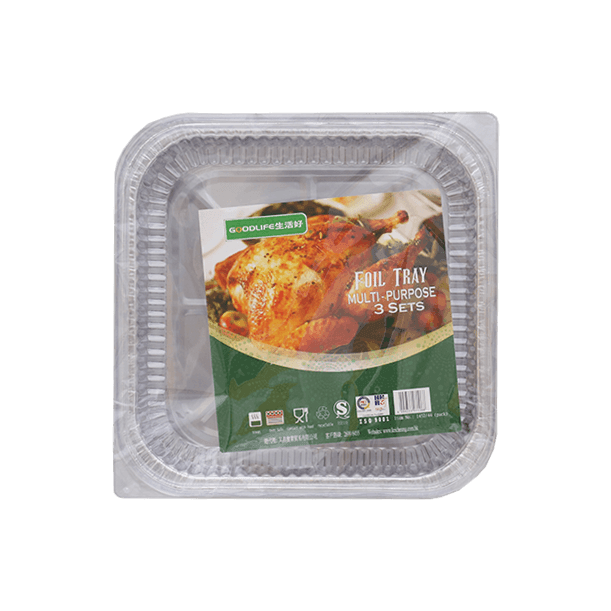 Square foil food container with clear lid, silver tray, compact 205x205x45mm size