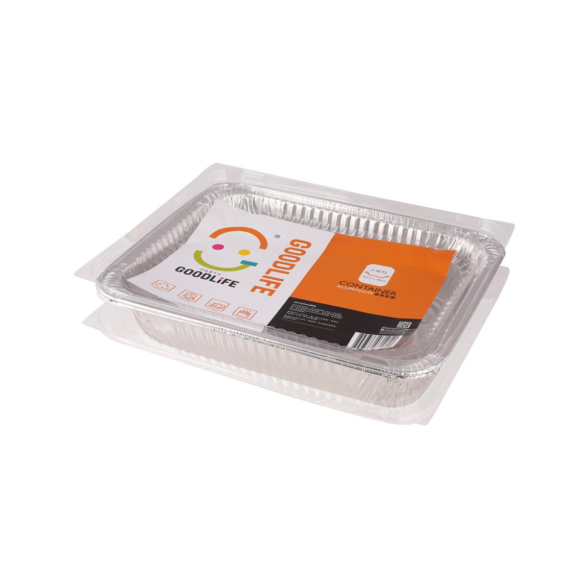 Rectangular foil food container with clear lid, angled view
