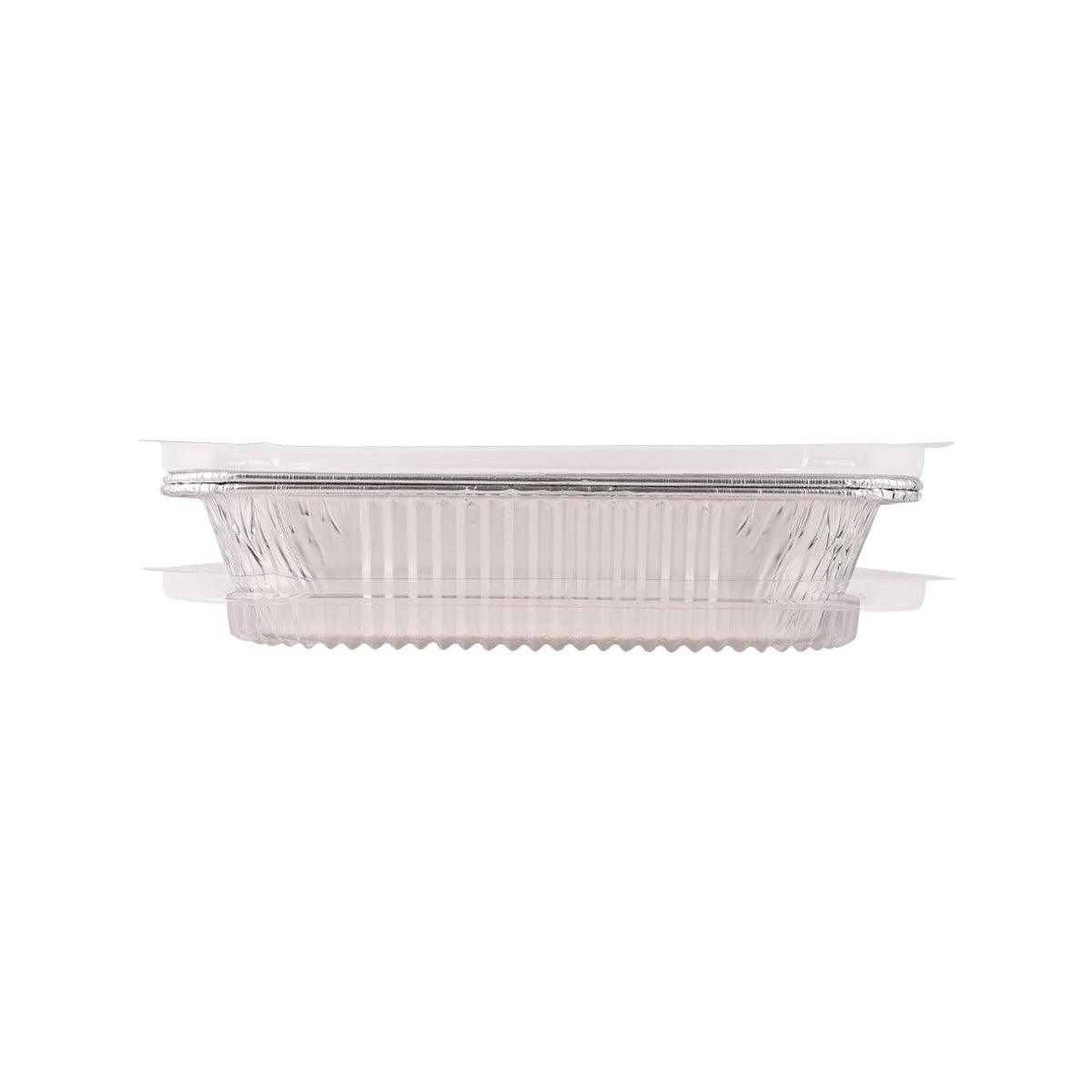 Rectangular foil container with lid, stacked side view