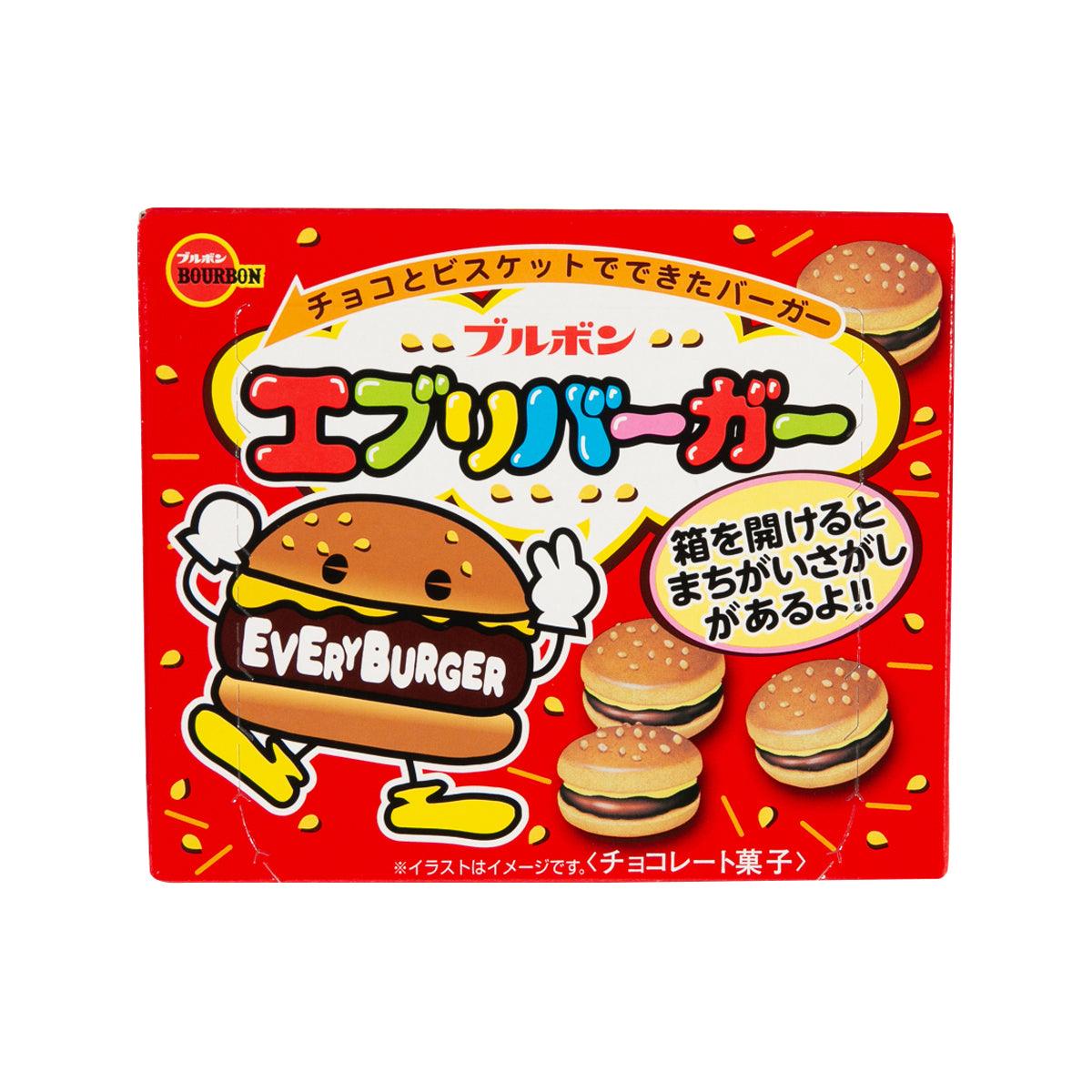 BOURBON Everyburger chocolate biscuit box, red package with burger-shaped snacks