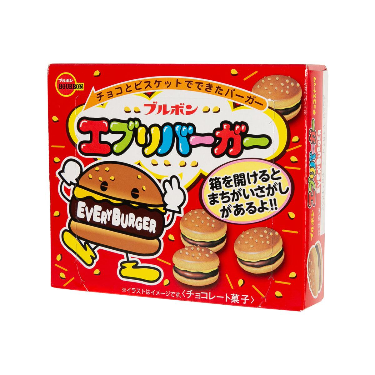BOURBON Everyburger chocolate biscuit box, red side with burger snack graphics